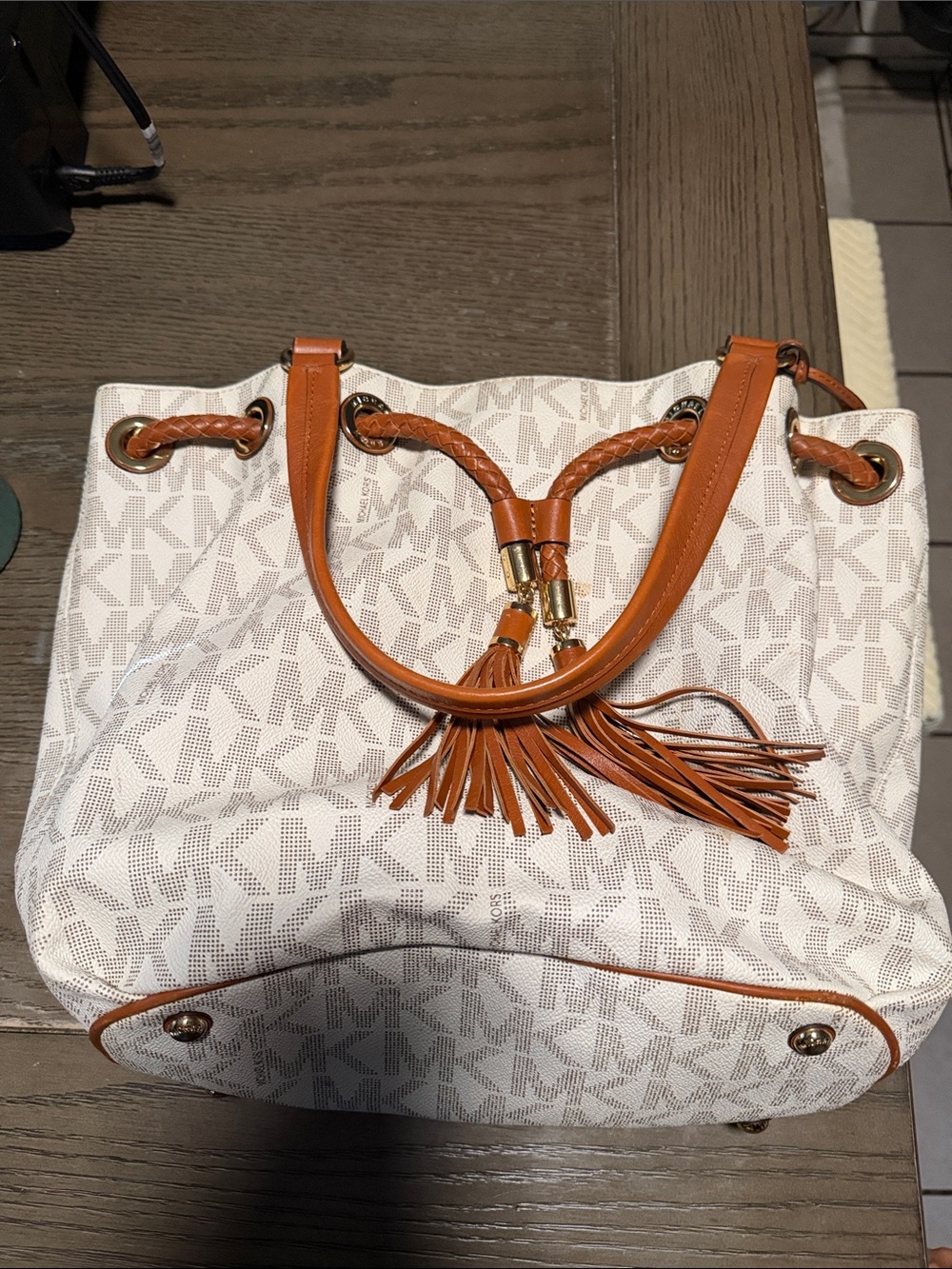 Michael Kors White Logo Tote with Tan Leather Tassel Handles
